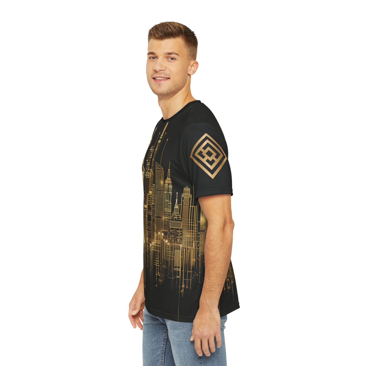 Golden Cityscape Men's Tee - Urban Elegance