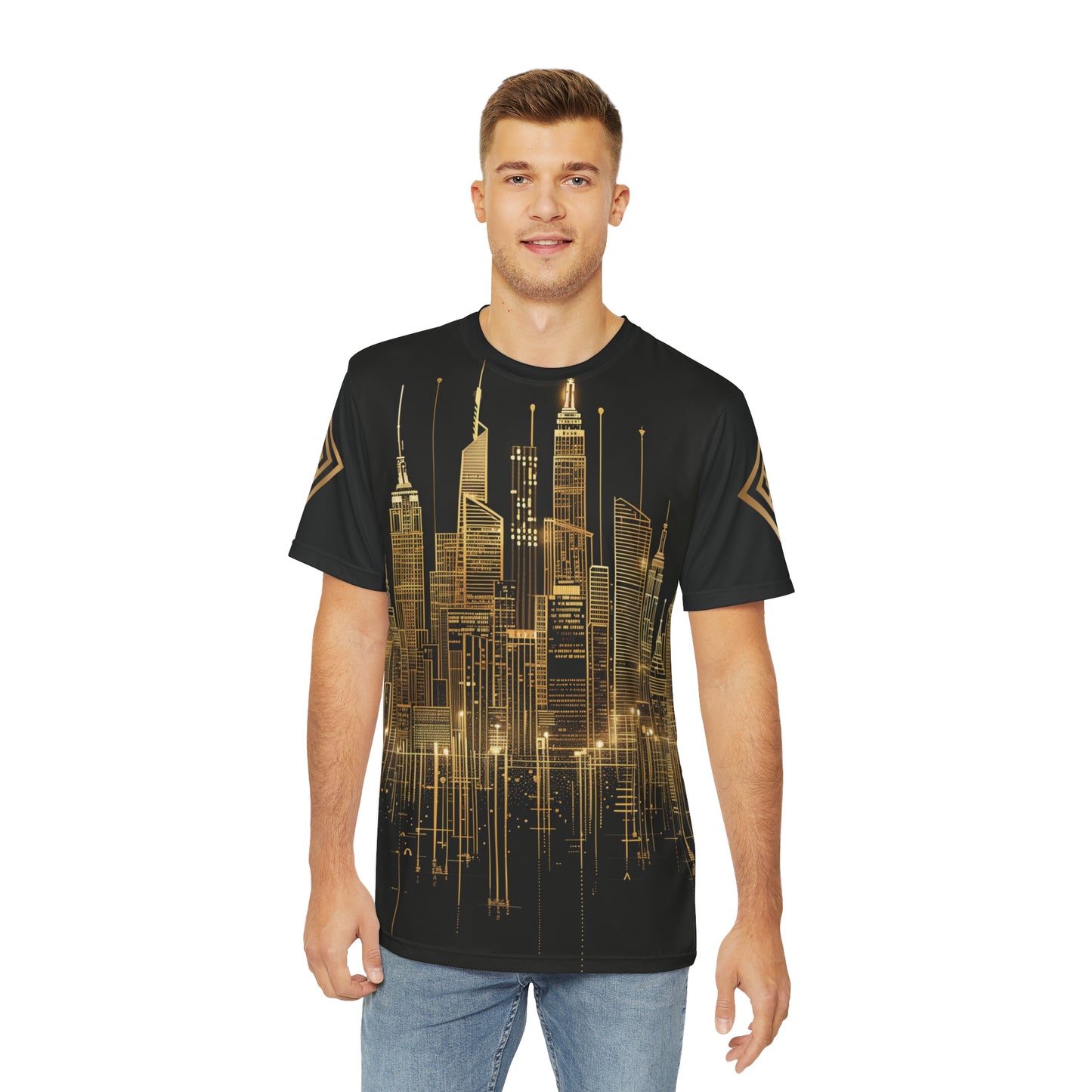 Golden Cityscape Men's Tee - Urban Elegance