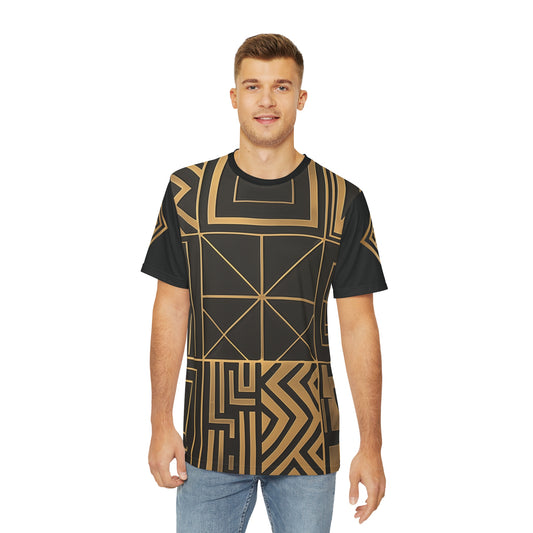 Men's Black and Gold Geometric Lines Tee - Modern Elegance