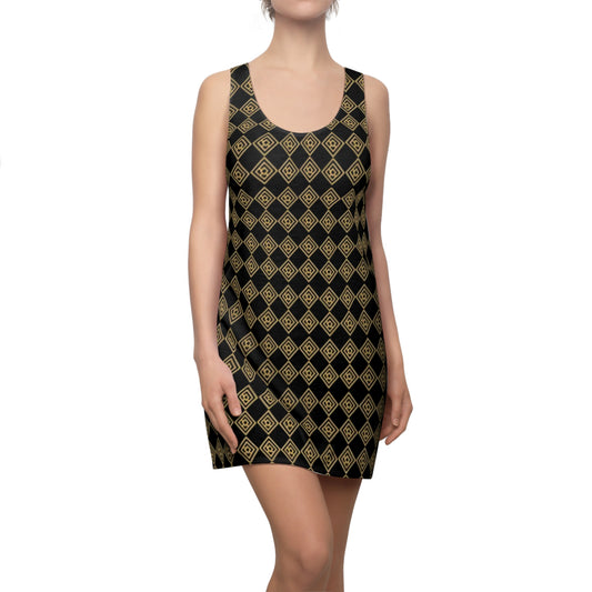 Black and Gold Diamond Motif Racerback Mini Dress - Sleek Elegance