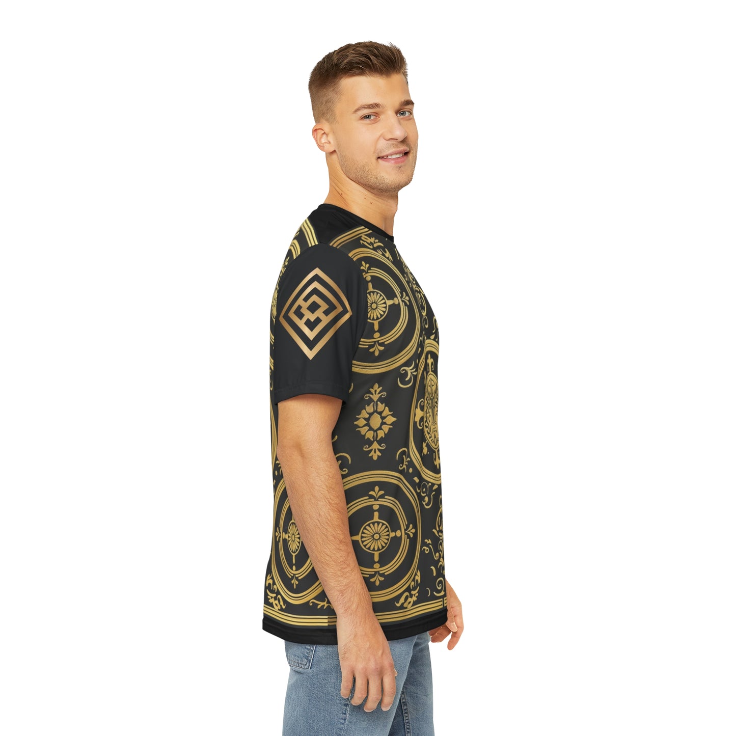 Men's Black and Gold Ornate Pattern Tee - Elegant & Stylish