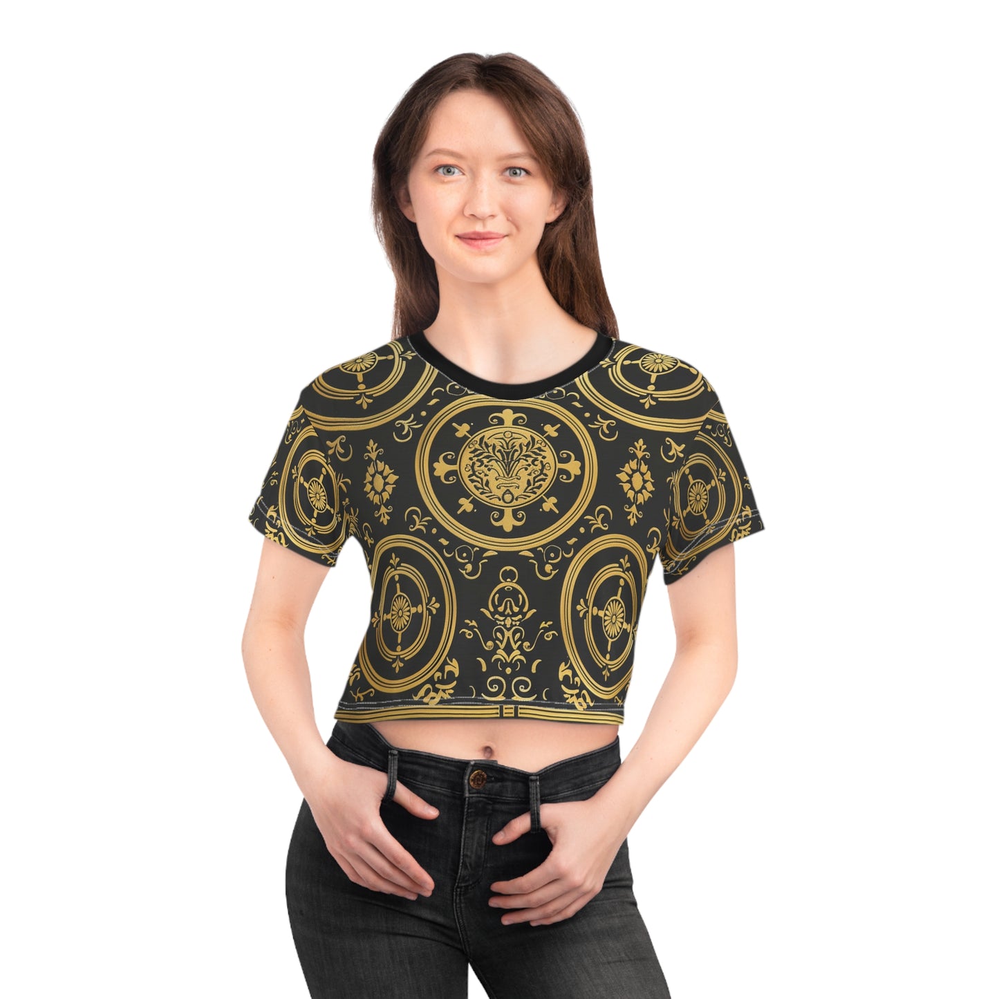 Elegant Black and Gold Ornate Crop Tee