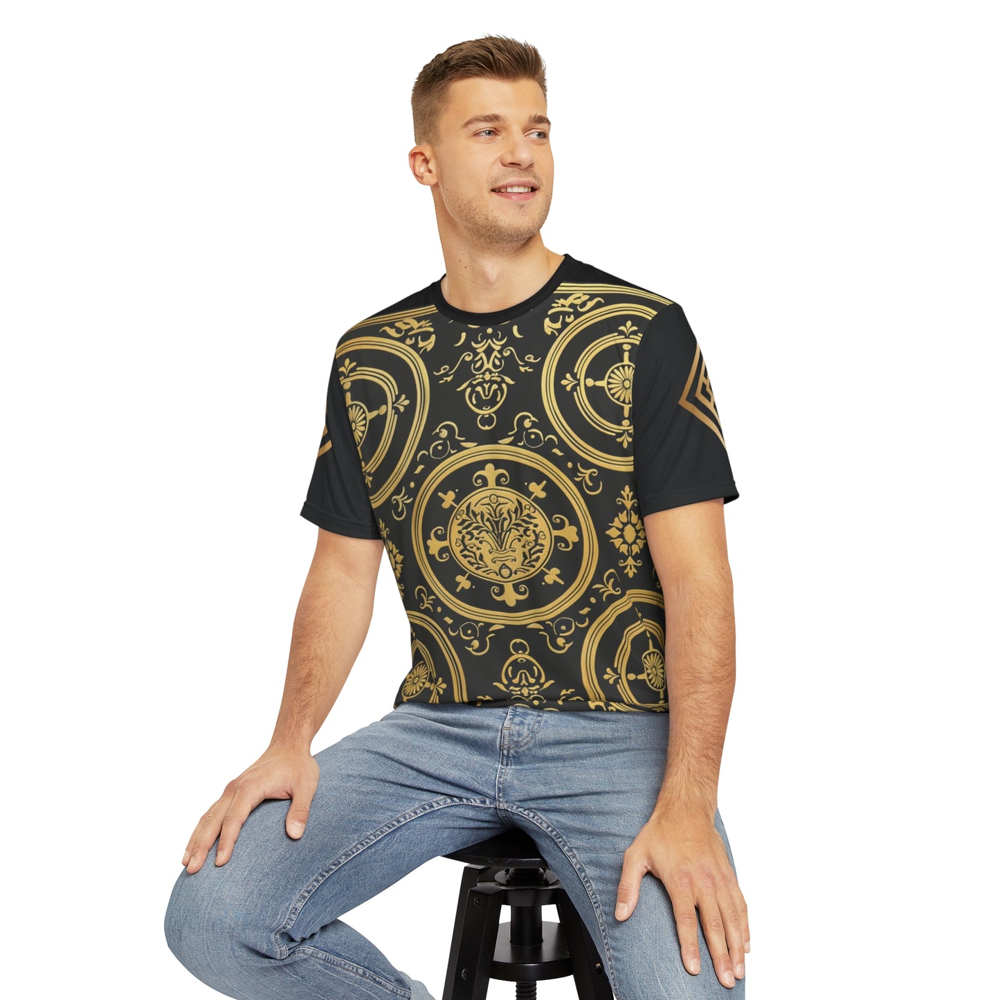 Men's Black and Gold Ornate Pattern Tee - Elegant & Stylish