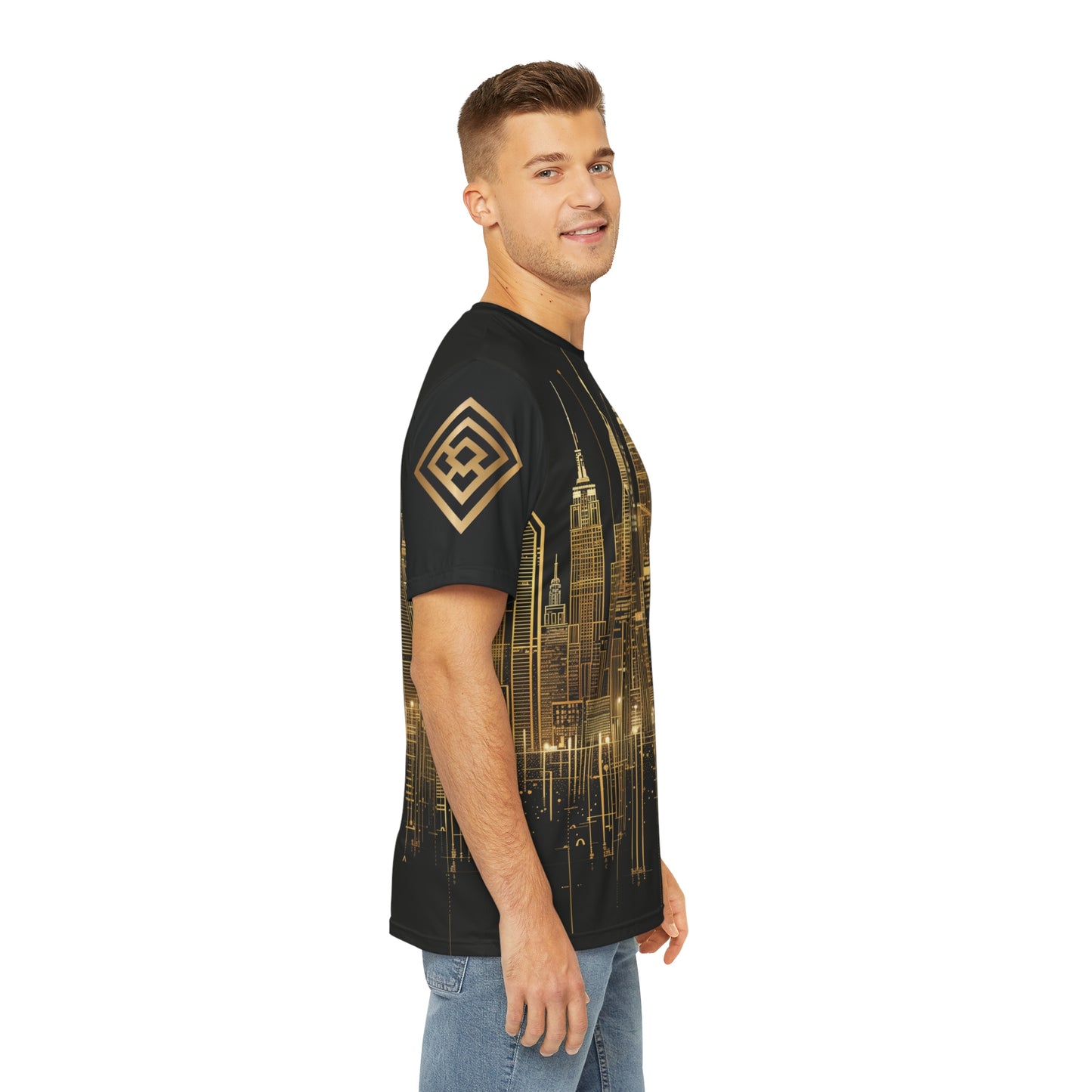 Golden Cityscape Men's Tee - Urban Elegance