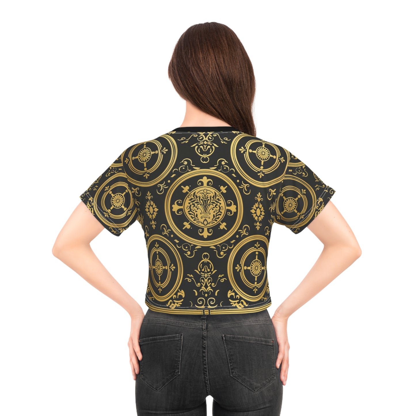 Elegant Black and Gold Ornate Crop Tee